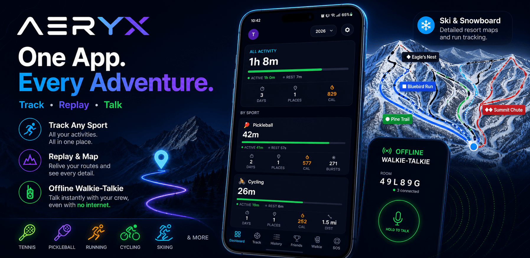 Aeryx app — track, replay, and talk across every adventure